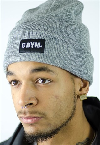 GREY BEANIE WITH CBYM BLACK WOVEN PATCH