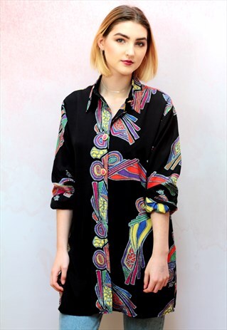 1990S VINTAGE MULTICOLOURED PATTERNED SILKY OVERSIZED SHIRT