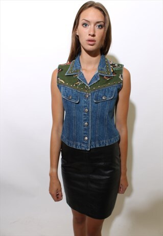 VINTAGE 1980'S 80'S WESTERN COWBOY STUDDED DENIM VEST S-M