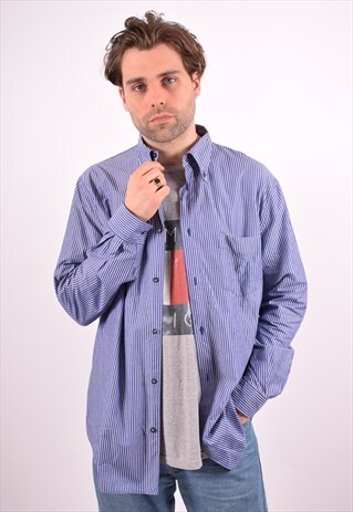ARMANI MENS VINTAGE SHIRT XL BLUE STRIPES 90S