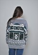 WOOL ABSTRACT SWEATER, 90S GRUNGE JUMPER - LARGE SIZE 
