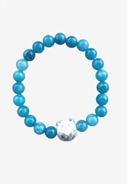 Cute Happy Lucky Cat Blue Angelite Beaded Gemstone Bracelet