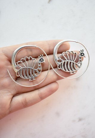 NICKLE FREE SILVER METAL PEACOCK EAR WIRE WRAPPED EARRINGS