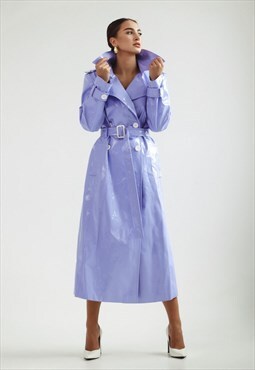 Vinyl faux leather belted trench coat in purple