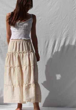 Boho gypsy lagenlook beige mid-calf skirt.