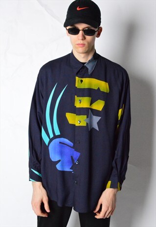 VINTAGE 90S NAVY BLUE ABSTRACT LONG SLEEVE SLEEVE