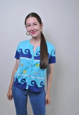 Vintage funny summer shirt, cute embroidery blouse