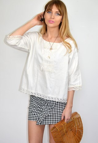 VINTAGE WHITE COTTON BOHEMIAN SUMMER KAFTAN TOP