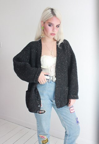 VINTAGE 80S DARK GREY WOOL FISHERMANS CARDIGAN
