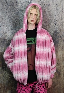 Tie-dye fleece jacket detachable gradient fluffy bomber pink