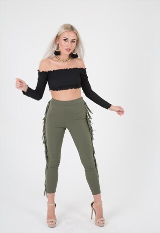 KHAKI FRINGE LEGGINGS