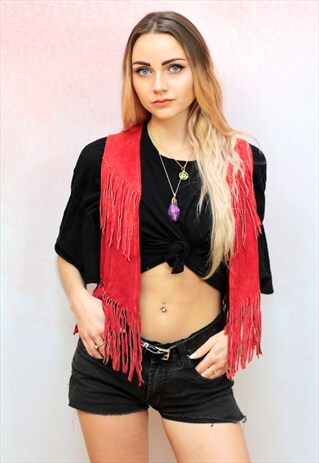1970S VINTAGE REAL SUEDE RED TASSEL FRINGE WAISTCOAT