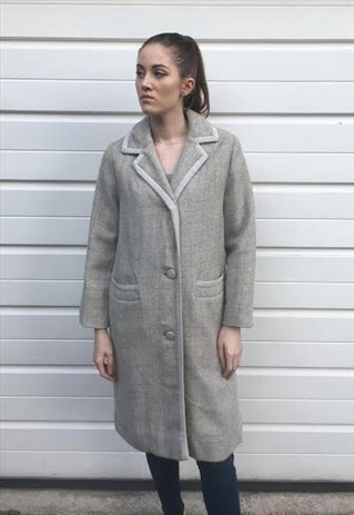WOMENS VINTAGE BEIGE CHECKED MIDI LONG COAT JACKET