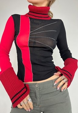 Vintage Y2k Top Mesh Long Sleeves Knit Roll Neck Sheer 90s