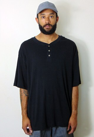 90S OVERSIZE CLASSIC SHORT SLEEVE BLACK HENLEY SHIRT XXL