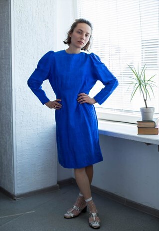 VINTAGE 80'S BRIGHT BLUE PUFF SLEEVED MIDI DRESS