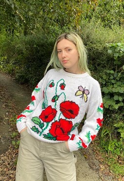 Vintage Grandad Chunky Floral Knitted Patterned Jumper