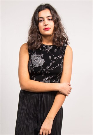 VINTAGE 90'S BLACK SILVER SPARKLE FLORAL PATTERN VEST TOP