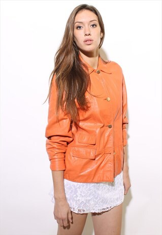 VINTAGE 1960'S 60'S MOD BRIGHT ORANGE LEATHER JACKET