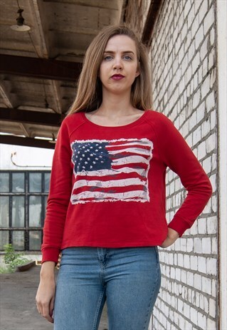 VINTAGE RETRO RED CROP JUMPER WITH US FLAG