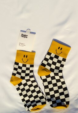 Yellow Checkerboard Smiley Face Socks