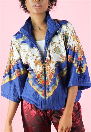 VINTAGE 90S SHELL JACKET BAROQUE BOMBER Y2K DARK BLUE PRINT