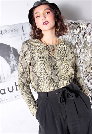 90S GRUNGE Y2K GOTH GREEN SNAKE CROC SKIN LONG SLEEVE TOP