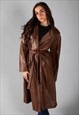 BROWN LONGLINE BELTED LEATHER JACKET 