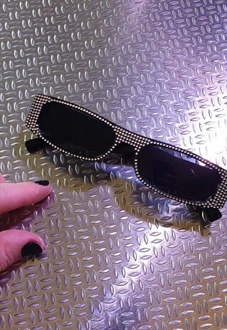 SLIM RECTANGLE SUNGLASSES IN BLACK WITH DIAMANTE EFFECT