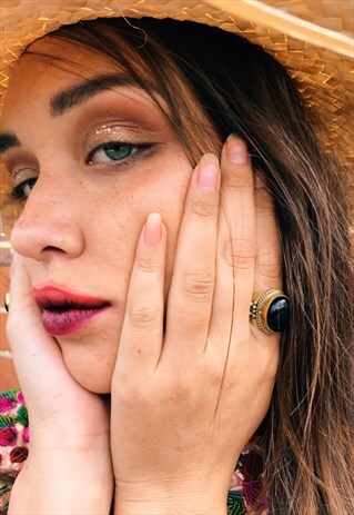 BRASS RING POWER RING WITH ONYX BLACK STONE