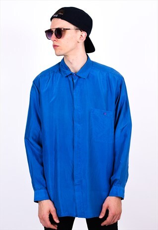VINTAGE 90S BLUE MINIMALIST LONG SLEEVE SILK SHIRT