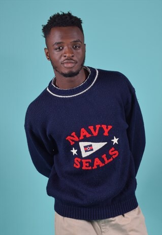 VINTAGE FOX HOUND NAVY KNITTED JUMPER