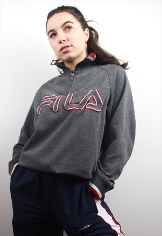 90'S RARE RETRO GREY SPELL-OUT EMBROIDERED 1/4 ZIP SWEAT
