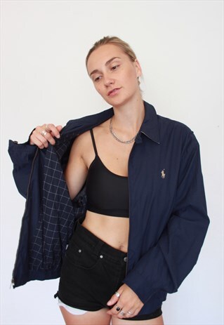 VINTAGE 90S POLO RALPH LAUREN NAVY CHECKED HARRINGTON JACKET
