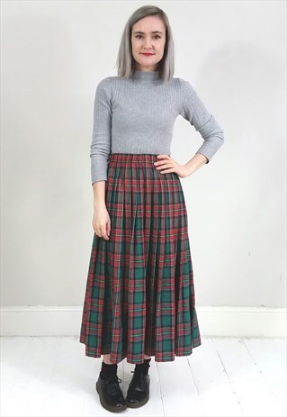 VINTAGE 80'S GREEN AND RED TARTAN PLEATED MIDI SKIRT