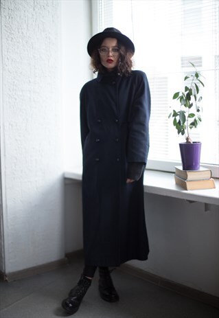 VINTAGE 60'S MAXI NAVY DOUBLE BREASTED TRENCH COAT