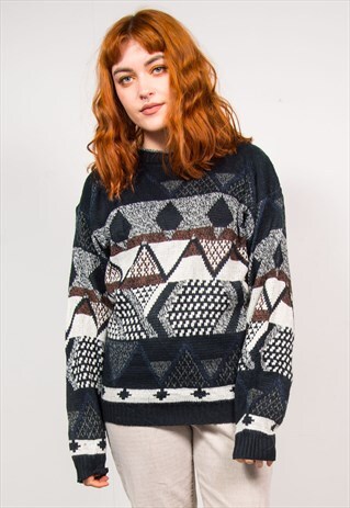 VINTAGE 90'S BLACK GRUNGE PATTERN KNIT OVERSIZED JUMPER