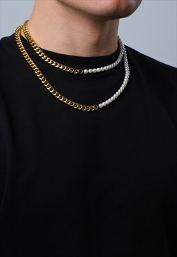 Half Pearl Half Gold Cuban Chain Necklace - Freshwater Pearl