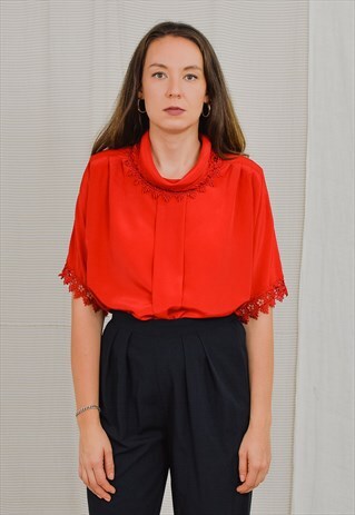 ALEXIS STYLE SHIRT VINTAGE RED BLOUSE LACE SHOULDER PADS