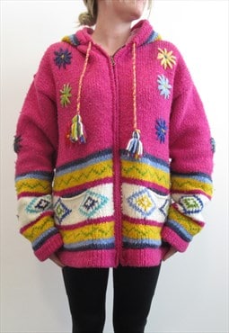 Hippy Pink Full-Zip Jacket Knitwear Patterned Hooded Unique