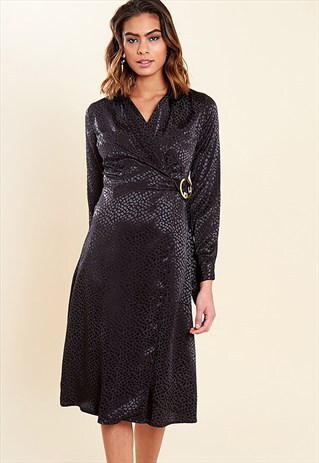 BLACK SATIN WRAP MIDI DRESS WITH BUCKLE