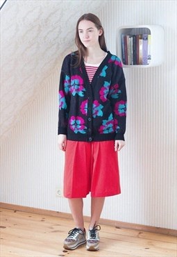 Black knitted floral vintage wool cardigan