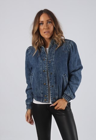 VINTAGE DENIM BOMBER JACKET CHECKED LINED UK 10 (RBI)
