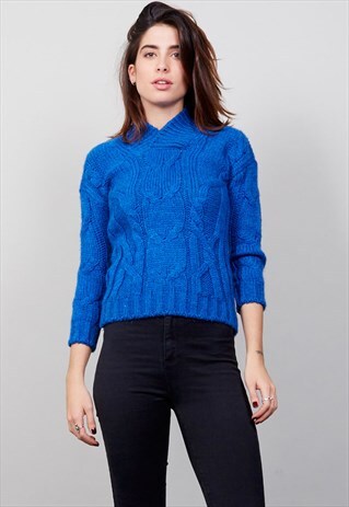 VINTAGE 90'S HIGH NECK BLUE BENETTON KNIT JUMPER
