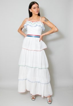 70's Vintage Ladies White Tiered Slip Style Maxi Dress 