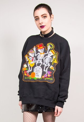 HALLOWEEN VINTAGE 90'S SKELETON PRINT BLACK SWEATSHIRT