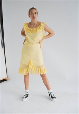 Vintage 60s Lace Edge Midi Slip Dress in Pastel Yellow M