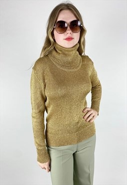 70's Vintage Ladies Gold Lurex Cowl Neck Long Sleeve Jumper