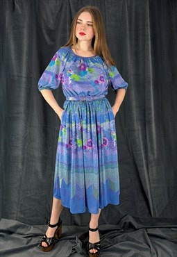 70's Blue Floral Vintage Short Sleeve Ladies Midi Dress