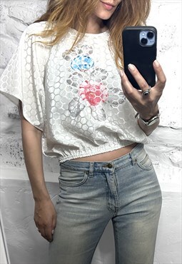 80s Novelty Casual White Satin Bomber Top - One Size